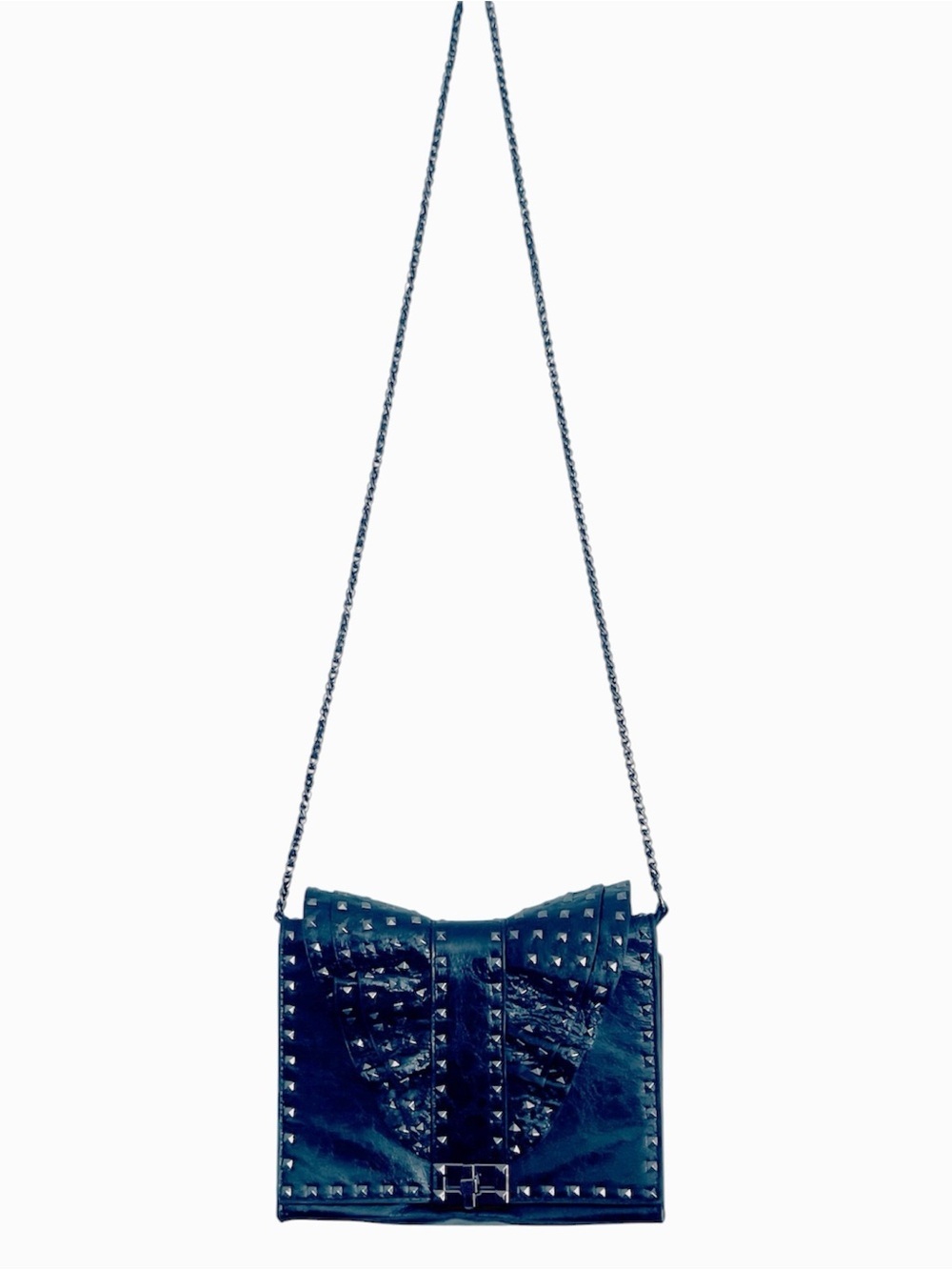 INZI Patent Leather Studded Ruffle Bow Chain Strap Crossbody Shoulder Bag Black - Picture 9 of 14